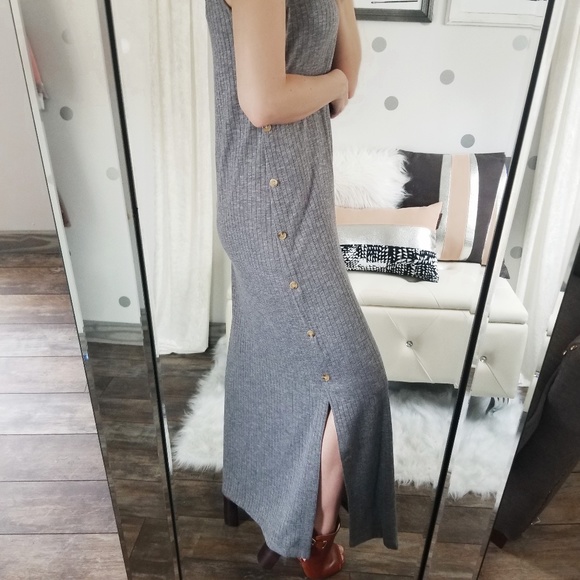 Fall Maxi Dress Gray Rib Knit Side Slit Dress Stretchy Casual Long Dress - Picture 4 of 7